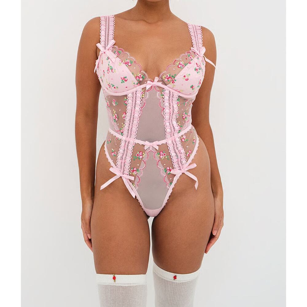 For Love & Lemons x Victoria’s Secret Maisie Teddy pink floral lace Small
